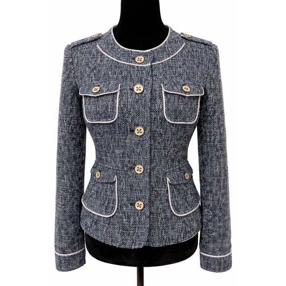 Caché Jackets & Blazers - Vintage Cache Womens Multi Pocket Jacket Size 6 Blue Metallic Woven Tweed Blend